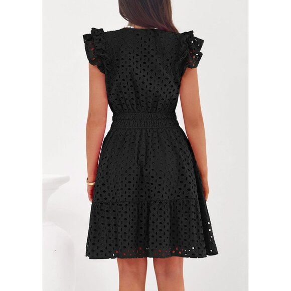 Women's Black V Neck Eyelet Cap Sleeve Summer Beach Vacation Sundresses - Picture 4 of 8